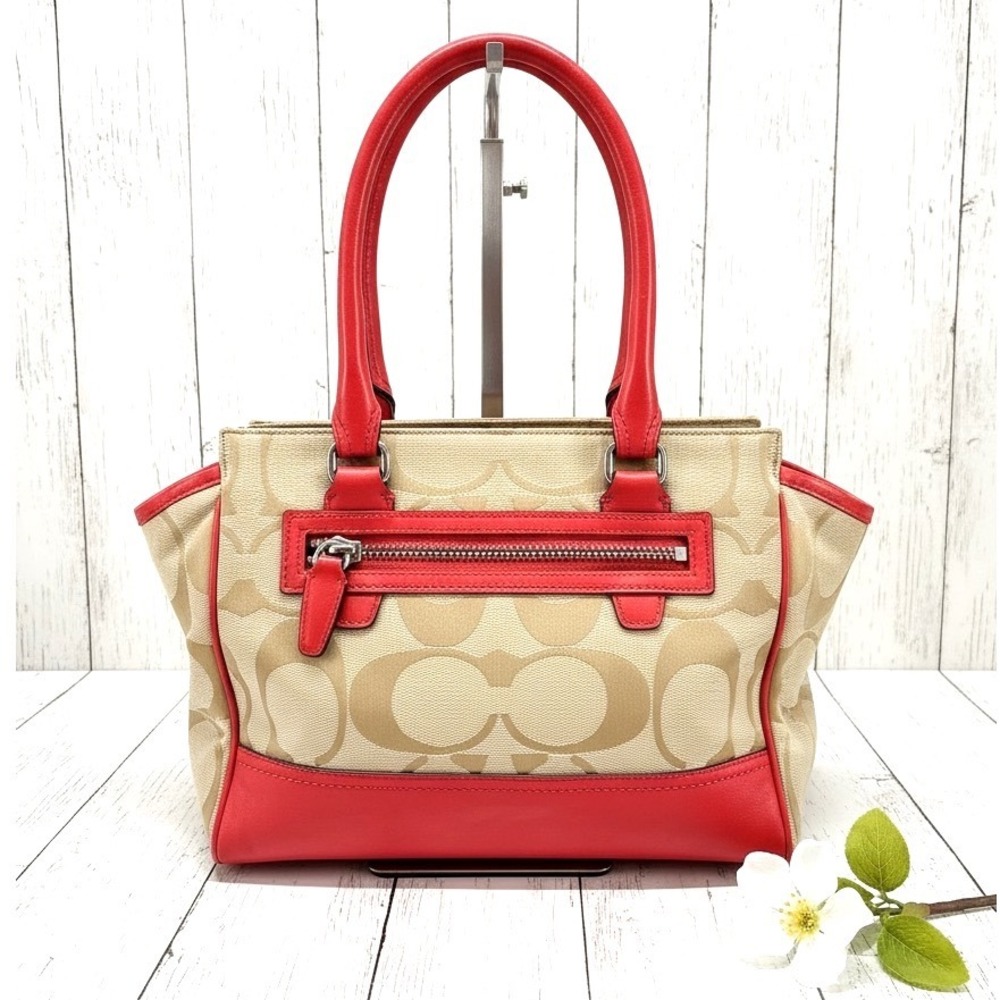 Coach 24204 Signature Tote Red Leather Trim Tassel Charm Excellent Condition - Picture 2 of 12